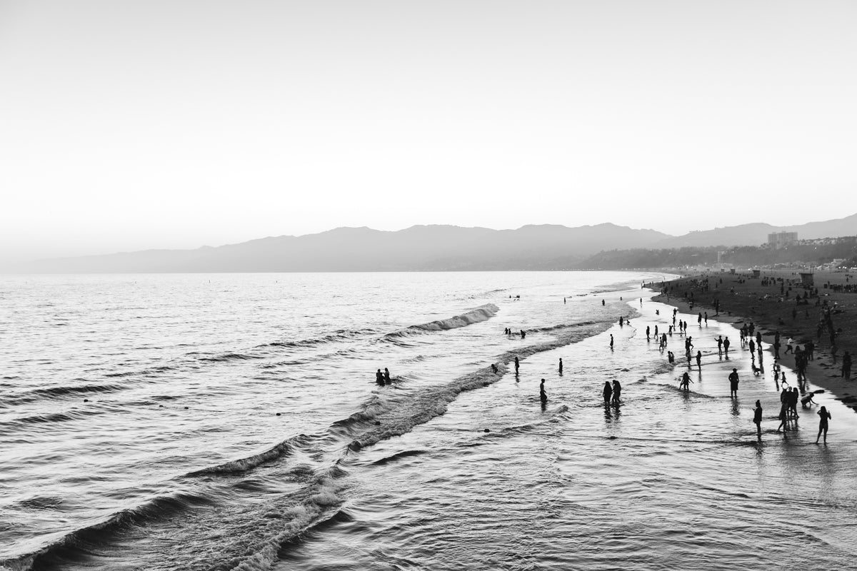 "Summer at Santa Monica Beach" - Framed Canvas in Black and White